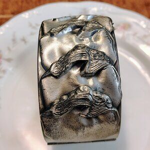 Vintage Wide Hinged Bangle Bracelet Silver Tone Danish Style with Safety Chain